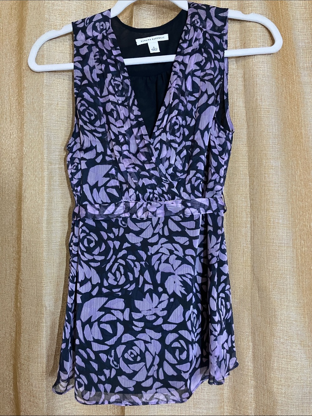 Banana Republic Black and Lavender Floral Sleeveless Wrap Top